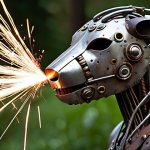 **Prompt:** A metal sculpture crafted from scrap car parts, showcasing intricate TIG welding details. Sparks fly around the artist as they work, with a focus on the texture and patina of the repurposed metal. The sculpture should evoke a sense of rebirth and transformation, possibly resembling an abstract animal or a human form.
