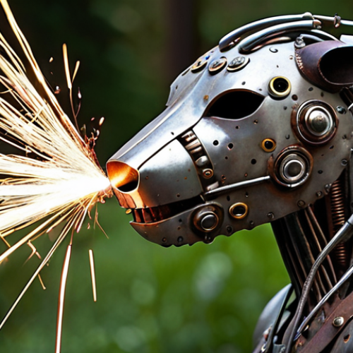 **Prompt:** A metal sculpture crafted from scrap car parts, showcasing intricate TIG welding details. Sparks fly around the artist as they work, with a focus on the texture and patina of the repurposed metal. The sculpture should evoke a sense of rebirth and transformation, possibly resembling an abstract animal or a human form.