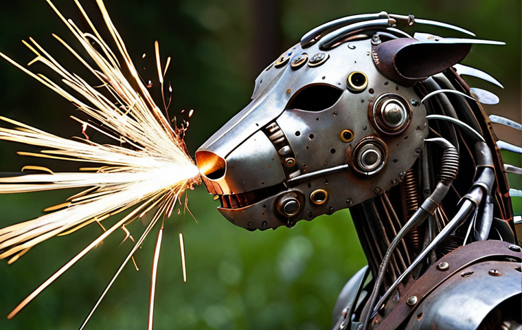 **Prompt:** A metal sculpture crafted from scrap car parts, showcasing intricate TIG welding details. Sparks fly around the artist as they work, with a focus on the texture and patina of the repurposed metal. The sculpture should evoke a sense of rebirth and transformation, possibly resembling an abstract animal or a human form.