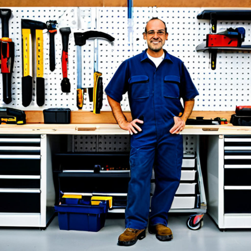 A professional, adult worker, fully clothed in appropriate, modest work attire, standing in a meticulously organized, brightly lit workshop. Robust, interlocking modular tool storage systems are neatly stacked on the floor, while a comprehensive French cleat system or pegboard lines the wall, showcasing an array of well-maintained power tools and hand tools, each in its designated, easily accessible spot. The workbench is clean and uncluttered. Perfect anatomy, correct proportions, natural pose, well-formed hands, proper finger count, natural body proportions. Professional photography, high resolution, sharp focus, clean lines, professional atmosphere, safe for work, appropriate content, fully clothed, professional, modest, family-friendly.
