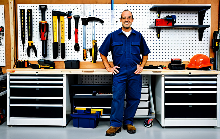 A professional, adult worker, fully clothed in appropriate, modest work attire, standing in a meticulously organized, brightly lit workshop. Robust, interlocking modular tool storage systems are neatly stacked on the floor, while a comprehensive French cleat system or pegboard lines the wall, showcasing an array of well-maintained power tools and hand tools, each in its designated, easily accessible spot. The workbench is clean and uncluttered. Perfect anatomy, correct proportions, natural pose, well-formed hands, proper finger count, natural body proportions. Professional photography, high resolution, sharp focus, clean lines, professional atmosphere, safe for work, appropriate content, fully clothed, professional, modest, family-friendly.