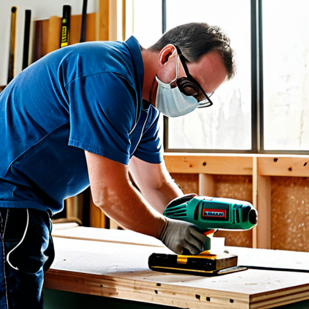 Workshop Safety - Distance and Tools**
A woodworker in a bright and organized workshop, wearing safety glasses and a dust mask, fully clothed, demonstrating safe tool usage. The scene highlights a workbench with various power tools, including a drill and sander, placed a few feet away from the worker. Extension cords are visibly used to connect the tools to outlets further away. Natural lighting through a large window illuminates the scene. safe for work, appropriate content, perfect anatomy, natural proportions, professional, modest, family-friendly, high-resolution, detailed, well-formed hands, proper finger count.
**