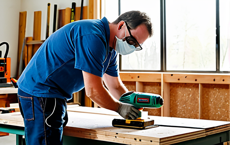 Workshop Safety - Distance and Tools**

A woodworker in a bright and organized workshop, wearing safety glasses and a dust mask, fully clothed, demonstrating safe tool usage. The scene highlights a workbench with various power tools, including a drill and sander, placed a few feet away from the worker. Extension cords are visibly used to connect the tools to outlets further away. Natural lighting through a large window illuminates the scene. safe for work, appropriate content, perfect anatomy, natural proportions, professional, modest, family-friendly, high-resolution, detailed, well-formed hands, proper finger count.

**