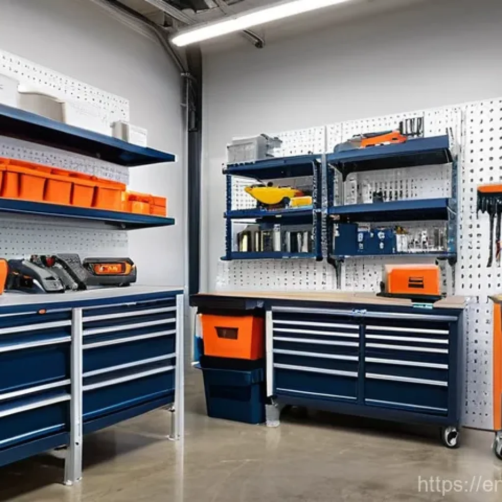 전동 공구 사용 후 보관법 - **Prompt:** A brightly lit, modern workshop interior, showcasing an impeccably organized vertical st...