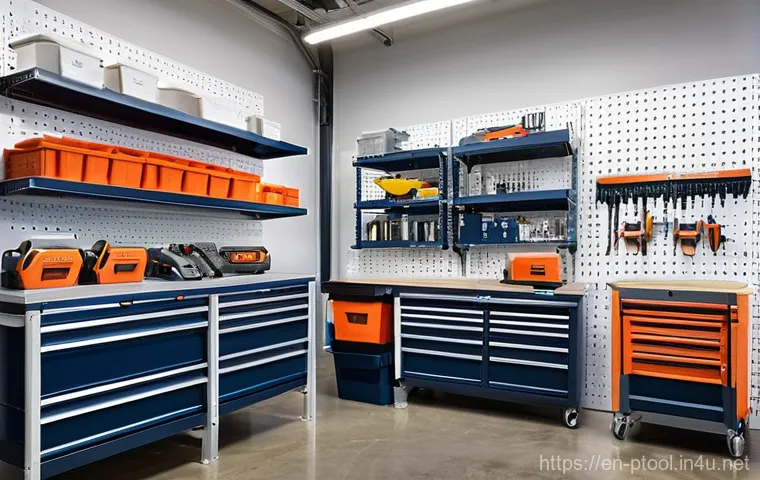 전동 공구 사용 후 보관법 - **Prompt:** A brightly lit, modern workshop interior, showcasing an impeccably organized vertical st...