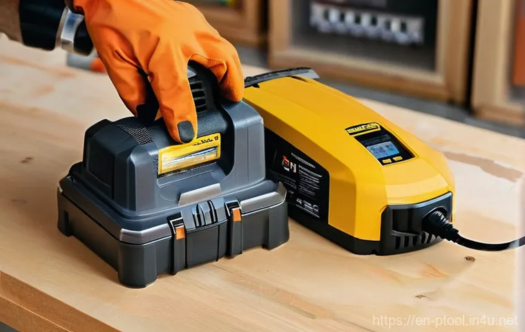 전동 공구 사용 후 보관법 - **Prompt:** A brightly lit, modern workshop interior, showcasing an impeccably organized vertical st...