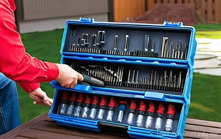 전동 공구 사용 후 보관법 - **Prompt:** A dedicated and efficient power tool charging station in a well-maintained garage. Multi...