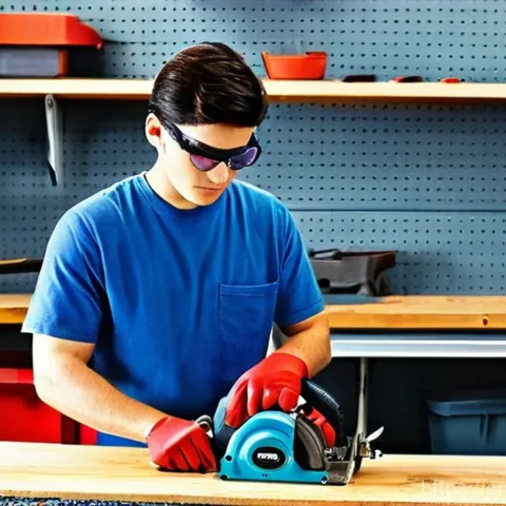 전동 공구 초보자 가이드 - **Prompt: "Safety First: A Diligent DIYer in an Organized Workshop"**
    A focused, young adult (we...