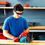 전동 공구 초보자 가이드 - **Prompt: "Safety First: A Diligent DIYer in an Organized Workshop"**
A focused, young adult (we...