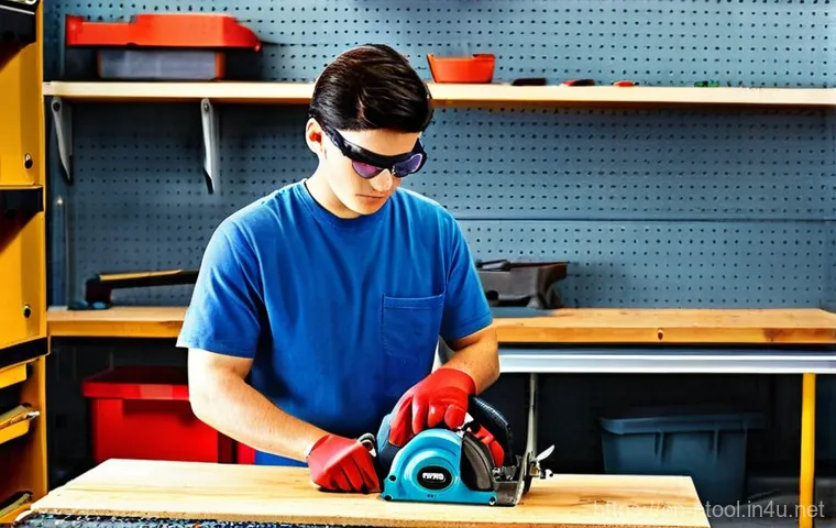 전동 공구 초보자 가이드 - **Prompt: "Safety First: A Diligent DIYer in an Organized Workshop"**
    A focused, young adult (we...