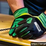 전동 공구 사용 시 필요한 장갑 추천 - **Prompt:** A close-up shot of a skilled craftsperson's hands, wearing modern, form-fitting work glo...