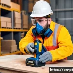 전동 공구 관련 법규 및 안전 기준 - A professional construction worker wearing full personal protective equipment (PPE) including safety...