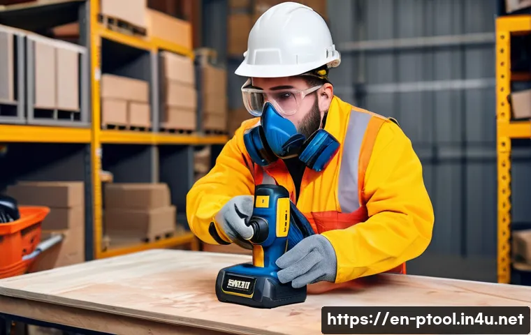 전동 공구 관련 법규 및 안전 기준 - A professional construction worker wearing full personal protective equipment (PPE) including safety...