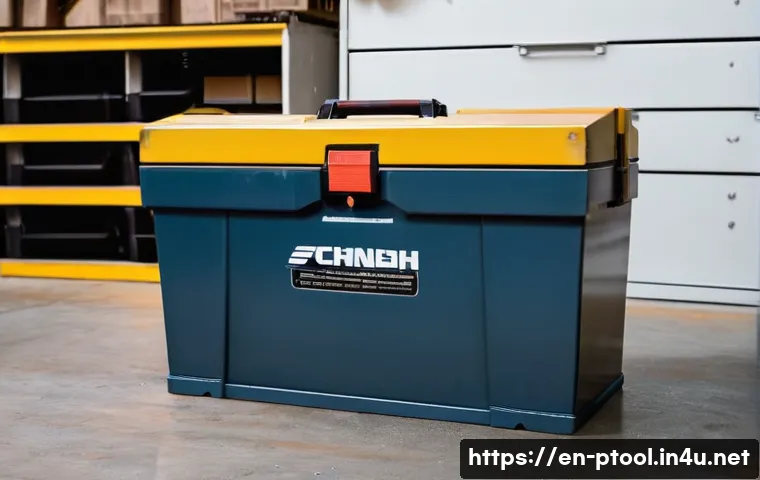 전동 공구 도난 방지 방법 - A rugged, heavy-duty steel toolbox with reinforced locks and tamper-resistant hinges, securely bolte...