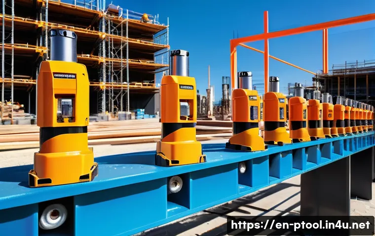 전동 공구 수출입 동향 - A high-tech cordless power drill set in a modern outdoor construction site, featuring sleek lithium-...