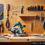 전동 공구 입문자를 위한 가이드 - A well-organized woodworking workshop scene featuring a variety of beginner power tools neatly arran...