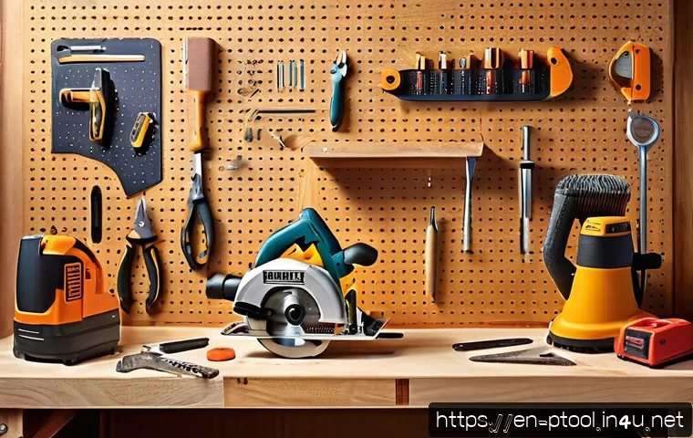 전동 공구 입문자를 위한 가이드 - A well-organized woodworking workshop scene featuring a variety of beginner power tools neatly arran...