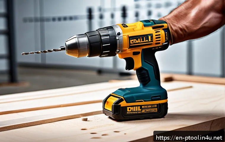 전동 공구 방진 성능 - A close-up, hyper-realistic image of a modern cordless drill with an advanced vibration damping syst...