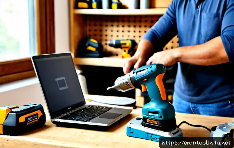 Home 17 전동 공구 온라인 구매 가이드 - Photorealistic home workshop desk scene for an online power tool buying guide, a cordless drill, com...