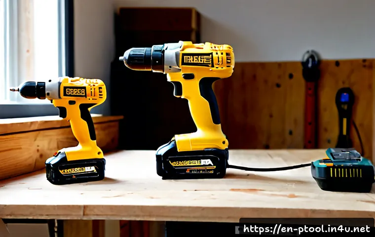 Home 17 전동 공구 소비전력 비교 - Photorealistic workshop comparison scene, two cordless power drills resting side by side on a clean ...