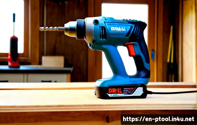 전동 공구 소음 감소 기술 - Photorealistic close-up of a modern cordless power drill resting on a solid oak workbench in a clean...