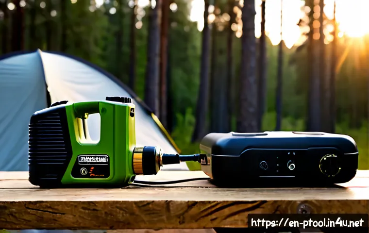 전동 공구 캠핑 필수 아이템 - Photorealistic early-morning campsite beside a pine forest, a cordless drill, compact battery-powere...